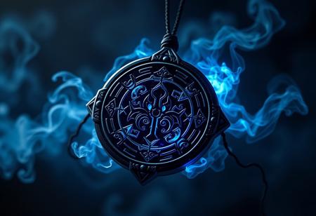 ancient amulet, glowing with dark blue and black energy, intricate sigils carved into obsidian, pulsating with infernal energy, ethereal blue mist swirling around, photorealism, high resolution, ((masterpiece)), suspended in mid-air, glowing demonic symbols floating around the amulet, deep blue and silver hues, dark and mysterious, surrounded by soft shadows, cold and foreboding aura, dark runes etched into the surface, ancient occult artifact, subtle cosmic energy radiating from within, black tendrils of energy reaching out from the edges
NEGATIVE: blurry, flat colors, dull, low quality, modern, cartoonish, overly bright, simplistic, futuristic