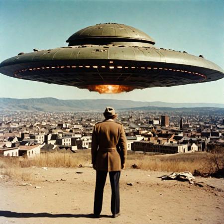 wide shot,70s era, RAW photo, ((full-body photo)), intage photo of a DISTANT UFO in a WW2 picture, destroyed city backdrop, battle, Analog Style,Kodak Max 400 Film, photography by 70s_photographers, 20mm f/1.8 lens,Wide Angle Shot., Whimsical yet Numb., Quirky Character Designs, dark background,
low contrast, soft lighting, warm lighting, insanely detailed, cinematic film still, cover, high definition, highest resolution, UHD, vivid, JuggernautNegative, OverallDetail,