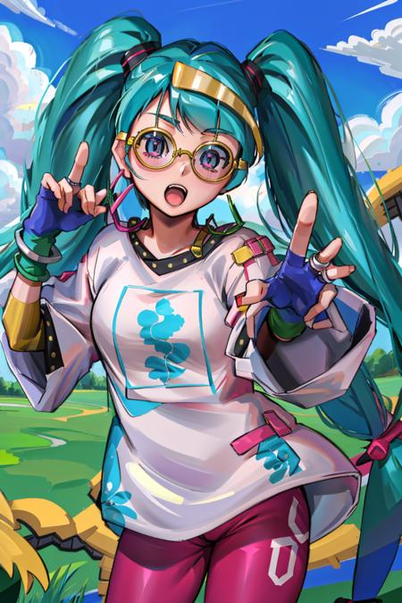 (masterpiece, best quality, highres, ultra detailed:1.2), (solo, 1girl, cowboy shot), nomarumiku, blue hair, twintails, tinted glasses, shirt, fingerless gloves, jewelry, print shirt, black eyes, pants, rings, hoop earrings, BREAK, (dynamic pose, peace signs), BREAK, (meadow, blue skies, detailed background:1.1)