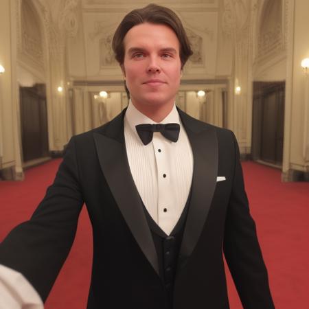 authentic share, slightly blurry, amateur phone photo + every day realism, smartphone quality, natural light: man in tuxedo. red carpet picture.