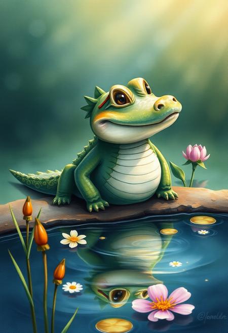 A whimsical round little alligator sitting on the edge of a pond with flowers and reeds at the water's edge, using watercolor, oil tinting, and photorealistic techniques with luminism art and iridescence