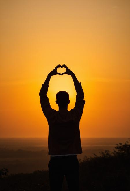 sunset, silhouette, man, heart shape, hand gesture, warm colors, outdoor, dusk, sky, creative pose, backlit, soft focus, landscape, golden hour, tranquility, leisure activity, nature, serene, orange tones, casual attire