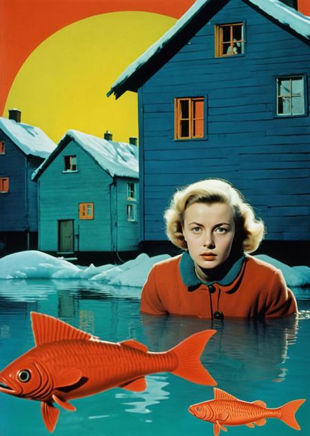 Polar expedition movie, starring  young Jean Seberg. Frightening prehistoic beasts in the ice. fish swimming among houses. Bizarre  op art techniques and daring innovations with colour and form. French experimental new wave movie by Maya Deren
<lora:wegg:1>, 1950s technicolor, Arri Alexa, Roger Deakins, beautiful colors, masterpiece, beautiful natural light