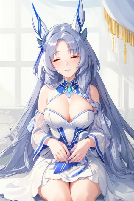 godol,1girl,<lora:god01:0.7>,(long hair:1.3)high quality,white long  dress,close eyes,bare shoulder,nsfw,cleavage,upper body,direction light,indoors,