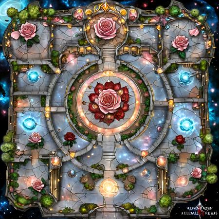 masterpiece, high quality, BREAK top-down view, Floor Plan, large map, Table, Interior, Dungeon, Map, distinct pathways, starscape, marble structures adorned with rose vines, glowing banners with rose crests, rose motifs carved into walls, stained glass windows depicting blooming roses, epic battles beneath a sky of falling rose petals, cosmic roses blooming across astral winds, starlight bridges lined with rose bushes, rose gardens, mystical energy swirling in the shape of roses, cosmic terrain with rose-shaped craters, ethereal gardens filled with giant glowing roses, knight order, loyalty, justice, chivalry, celestial light reflecting off rose petals, cosmic expanse filled with drifting roses, honor, knighthood, shimmering rose petals floating through the air, grand halls with rose chandeliers, galactic battlefield strewn with cosmic rose thorns, floating sanctuary surrounded by rose vines, celestial knights adorned with rose armor, rose-shaped fountains <lora:DD_Table_RPG:0.8>, <lora:SDXLFaeTastic2400:1>, <lora:JJsFloorPlan_XL:1> <lora:DonMR0s30rd3rXL:0.6> DonMR0s30rd3rXL , rose, knight, cyborg