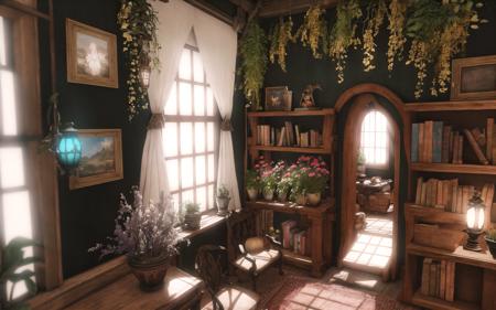 (Masterpiece,  Best Quality),  insaneres,  (8k resolution),  fantasy,  ff14bg,  flower,  indoors,  tree,  book,  godlight,  floating particles,  1girl,  sitting,  reading,  holding,  book,  white dress,  white curtains,  (intricate details:1.2),  window,  chair,  table,  plant,  scenery,  lantern,  stairs,  door,  bookshelf,  potted plant,  lamp,  shelf,  vase,  flower pot,  (extremely detailed),  volumetric lighting,  soft lighting,  bloom,  day,  (depth of field:1.1), ff14bg, <lora:EMS-48283-EMS:0.900000>