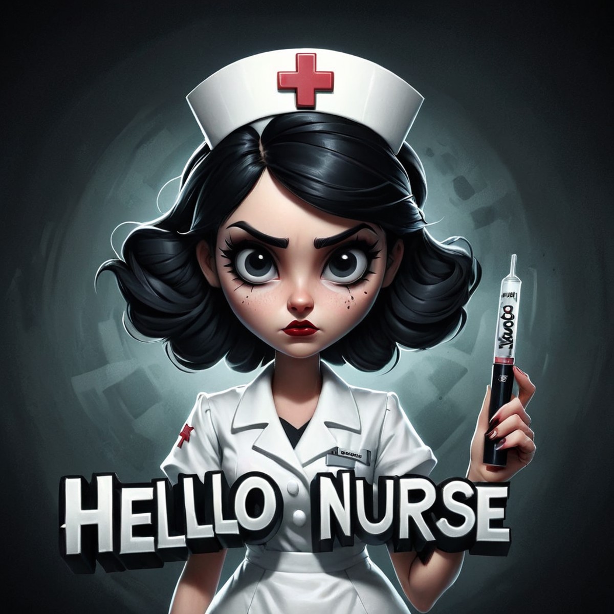 ("HELLO NURSE":1.5) text logo, black, white, hospital, gloomy, cartoon,  <lora:Harrlogos_v1.1:1>, goth nurse holding a syr...
