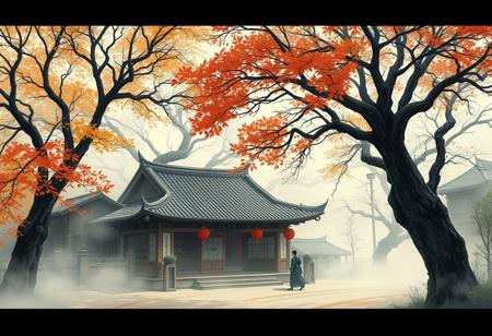 ((ancient china store)) surrounded by ((ancient chinese trees)), mid morning in the beginning of fall, chinese village, wuxia world, illust, fog, ink