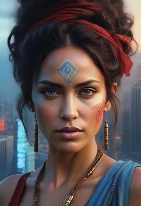 Steampunk tahitian Woman 40 years old with fine hightech skin details, detailed face, sf, intricate artwork masterpiece, blue and red pastel ratio, background is apocalyptic city on golden hour, ominous, matte painting movie poster, by Carne Griffiths