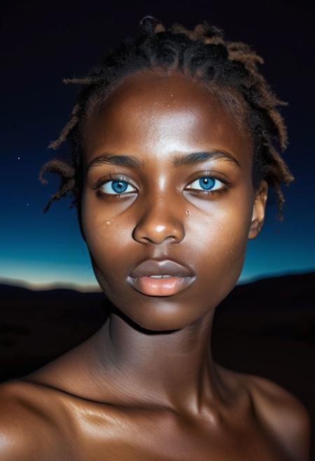 Intense film photograph taken in a pristine and surreal desert at night. Dark and lit in extreme contrast.  character study  of the face and chest  of A stunningly beautiful young African woman staring into the distance. Deeply radiant blue eyes, wide nose, plush lips that appear soft and moist. Her delicate jawline, thin neck, collarbone, small perky upturned breasts with puffy erect nipples. Piercings in her nose,eyebrow,ears,lips. She looks achingly aroused, passionate and in love, desperate for her lover's touch and aroused to the edge of orgasm, lips parted, breathing hard. Thin waist, curvy hips,thigh gap