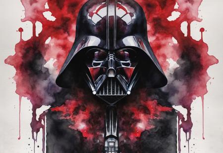 a watercolor painting with a Rorschach test style. The symmetrical design shows darth vader, red and black colors, darth vader in the middle, creating an intriguing mirror effect