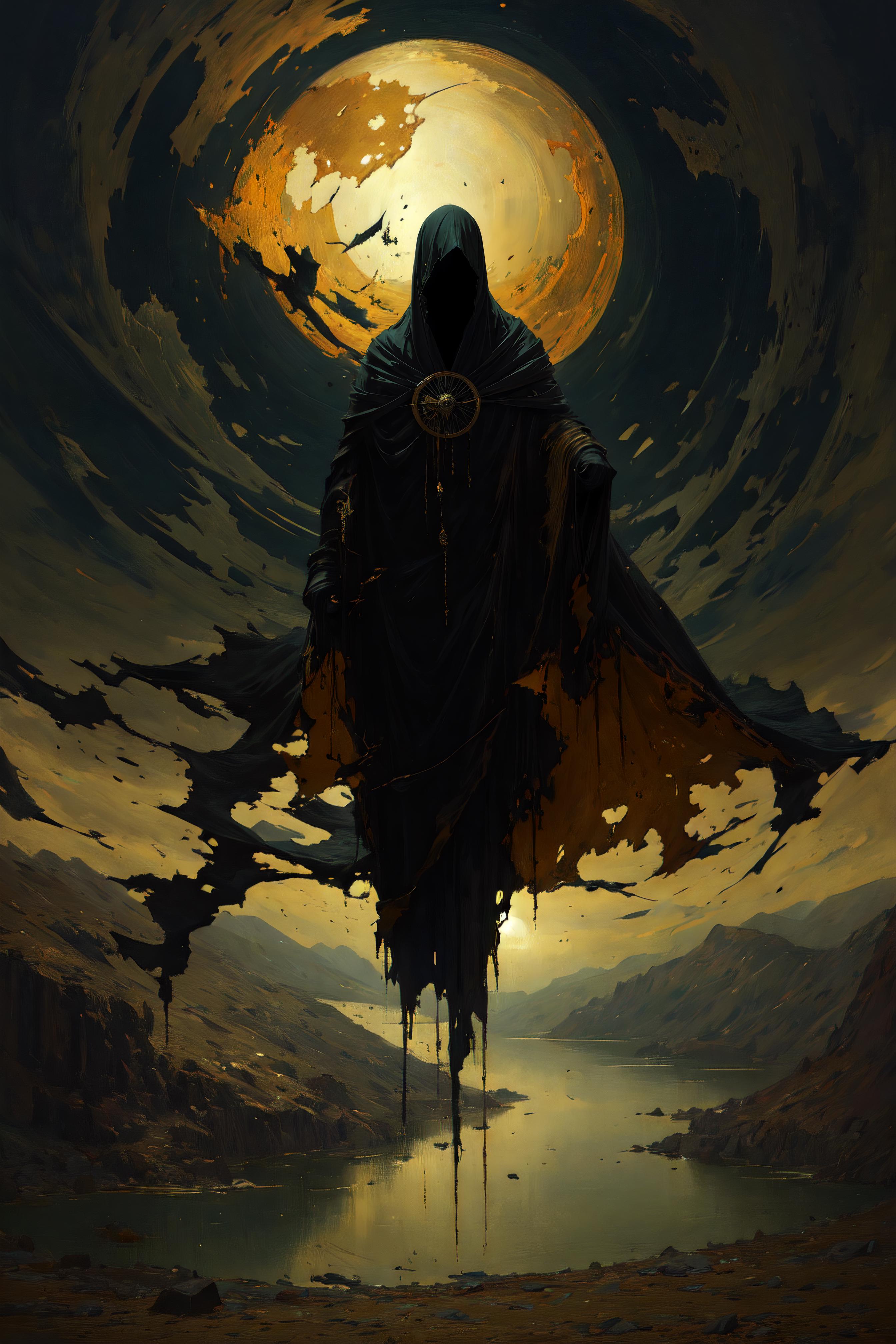 A Dark and Mysterious Painting of a Figure in a Cloak with a Sun in the Background