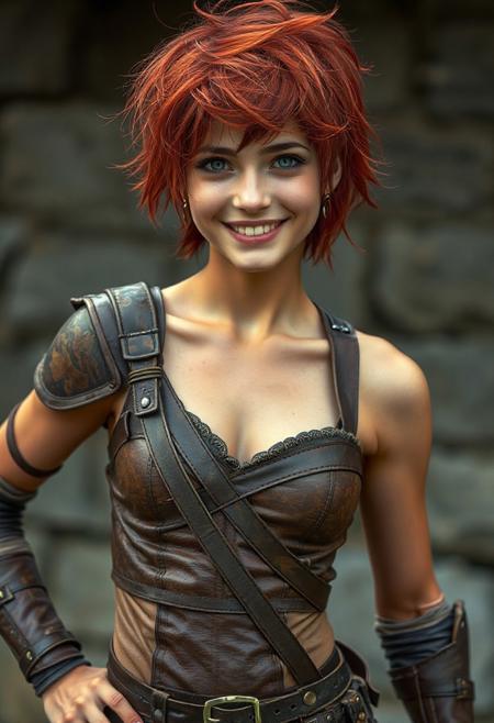 A high quality photo of a young lithe tomboyish woman with short messy red hair and grey eyes.
She is wearing strappy brown leather armor.
Her stance is dynamic as if ready for a fight. She has a wide grin on her face.