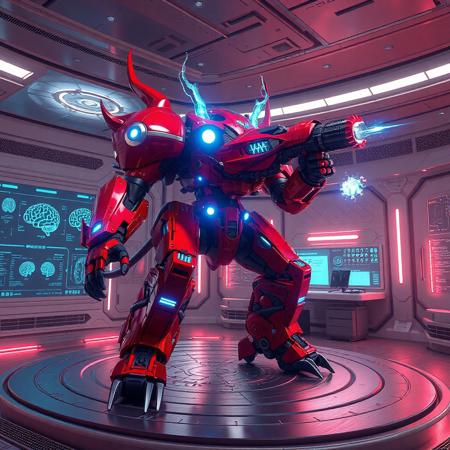 "Dynamic 3D render of Dingirsu, the Orcust of the Evening Star, a towering crimson-red mechanoid with glowing azure circuitry accents, standing in a combat stance on a sterile Brain Research Lab platform. Its hydraulic limbs are splayed aggressively, wielding a futuristic plasma cannon aimed rightward, energy coils charging with neon-blue sparks. The lab features holographic brain scans, floating data screens, and sterile titanium walls etched with biotech glyphs. Dramatic Dutch angle shot with Unreal Engine 5 realism, Octane Render textures, and Raphael-style chiaroscuro lighting. Metallic surfaces reflect holographic UI projections, while splash ink effects blend with digital glitches for cyberpunk contrast. 8K resolution, hyper-detailed armor plating, ArtStation trending, golden ratio composition, dominated by crimson and cobalt with chromatic aberration accents."