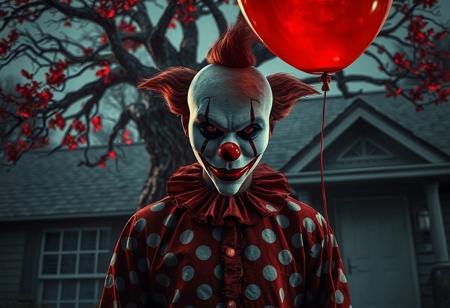 grimdark,dark fantasy,"Petren the Dark Clown stands center-frame, his white mask with crimson lips and nose glowing under dramatic stage lighting. The red-and-white polka dot shirt ripples slightly as he raises a crimson balloon, its string tangled with his shadow. Behind him, a twisted tree with glowing red leaves looms against a dark fantasy backdrop, while the house features a weathered gray roof and a pristine white door. Render in Unreal Engine 6 with splash ink textures, hyperrealistic skin tones, and sharp, intentional brush strokes. Capture the golden ratio composition, with Peten’s expressive, detailed eyes conveying both menace and whimsy. Include intricate mask patterns and a balanced foreground-background ratio, ensuring the clown’s figure dominates the scene while the balloon and tree add surreal depth."