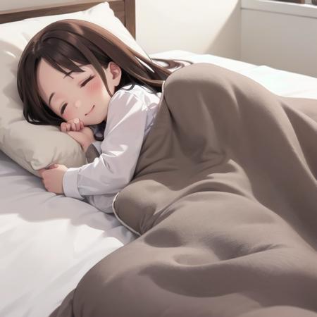 best quality, ultra-detailed, illustration, smile, 1girl, solo,
futon, brown hair, closed eyes, shirt, white shirt, sleeping, lying, pillow, on side, long sleeves, long hair, blanket, closed mouth, 
 <lora:goodsleep_SD15_V3_DIM4:0.6>