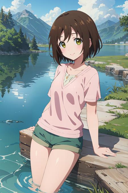 (masterpiece, best quality:1.4), looking at viewer, cowboy shot, smile, blush, aiko hatayama, short hair, brown hair, green eyes, shirt, shorts, lake, partially submerged, nature, <lora:aiko_hatayama_v1:0.7>