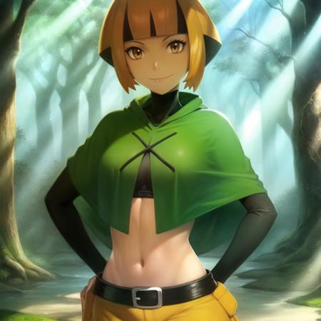 <lora:character_pokemon_gardenia_v3:1> gardenia \(pokemon\), forest, light rays, 1girl, solo, cowboy shot, looking at viewer, smile, closed mouth, hands on hips, poncho, cropped shirt, midriff, belt, shorts,