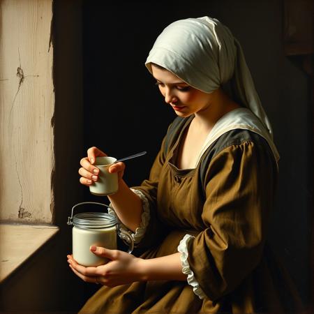 The Milkmaid The famous painting "The Milkmaid" by Johannes Vermeer reflects the simplicity and calmness of 17th-century life, natural lighting and detailed textures bring the artwork to life   ,classic painting