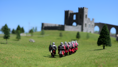 miniature diorama scene, a group of knights moving through a grassy landscape towards a ruined castle in the distance. The landscape has trees scattered in the foreground and background. The sky is blue and sunny.