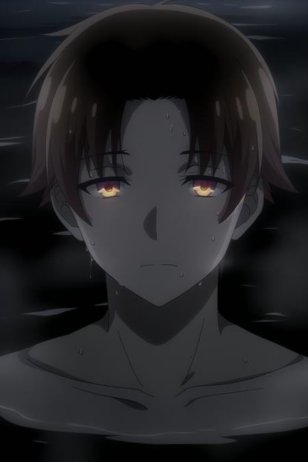 ayanokouji kiyotaka, 1boy, solo, male focus, brown hair, brown eyes, (moonlight), dynamic angle, onsen, looking at viewer, outdoors, steam, wet, water, wet, wet hair, sweat, dim lighting, caustics, glowing eyes, lying, afloat,