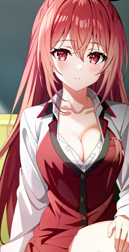 (extremely detailed CG unity 4k wallpaper),(masterpiece),(best quality),(ultra-detailed),(best illustration),(best shadow),(absurdres),(detailed background) <lora:OGT_Kotori_Itsuka-v1:0.8> Kotori itsuka, 1girl, breasts, red hair, shirt, long hair, cleavage, red eyes, white shirt, crossed legs, dress shirt, sitting, medium breasts, very long hair, hair between eyes, collarbone, cardigan, shiny, indoors, looking at viewer, shiny hair, pillow, couch