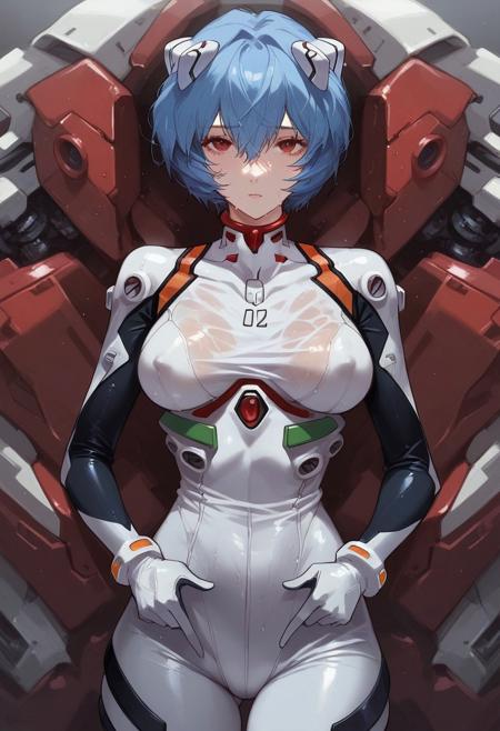 score_9, score_8_up, score_7_up, ASCII, masterpiece,ayanami rei, neon genesis evangelion, 1girl, blue hair, bodysuit, cowboy shot, expressionless, hair between eyes, hairpods, interface headset, looking at viewer, plugsuit, red eyes, short hair, solo, white bodysuit, mecha, (sweaty), tired, wet body, erect nipples