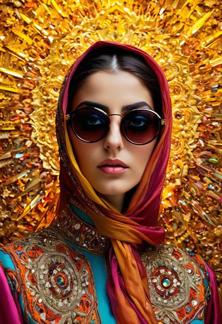 Persian color palette , Persian art, Persian girl, Persian, Iranian, Iran,nun, WEARING DARK, SHINY GLASSES folk costumes (Lina Cavalieri: 1,2) (8k, RAW photo, highest quality), hyperrealistic, intricate abstract, intricate artwork, abstract style, otherworldly, mesmerizing parallel dimension, gravity defies logic, abstract masterpiece, interplay of floating objects, distorted silhouettes, vivid hues, ethereal light, weightlessness in an unknown realm, non-representational, colors and shapes, expression of feelings, imaginative, highly detailed, extremely high-resolution details, photographic, realism pushed to extreme, fine texture, 4k, ultra-detailed, high quality, high contrasthanfu,clear face, Ultra High Resolution, wallpaper, 8K,Rich texture details, hyper detailed, detailed eyes, detailed background, dramatic angle, epic composition, SimplepositiveXLv1 (masterpiece, high quality, ), , , model photoshoot, , a stylish girl, (by Andreas Gursky:1,3)