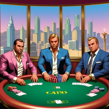 masterpiece,(cartoon style), <lora:CartoonStyle_Hap_XL:1.6>, A high-stakes poker game in a lavish casino, with players in expensive attire, stacks of chips, and a city skyline visible through the large windows, in GTA game art styleï¼