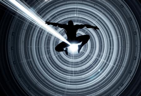 A chrome and silver beam hitting an athletic superhero  100 metres away. The beam is about 1 metre thick and surrounded by multiple concentric grey and white circles of varying diameter. The target is silhouetted and is in an action hero acrobatic pose