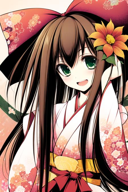 (masterpiece:1,2), best quality,
1girl, solo, green eyes, brown hair, japanese clothes, hair ornament, flower, bow, hair bow, open mouth, smile, hair flower, kimono, bell, ribbon,straight hair
shinryuusai,  <lora:tenmu_shinryuusai:1>,