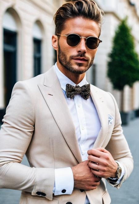 street style photo, half body, beautiful man, 30 years old,  Classic Fashion, luxurious outfit