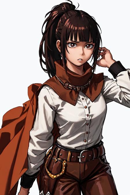 1girl, solo,  long hair,  brown pants, black hair, belt,  shirt, ponytail, simple background, white shirt, long sleeves, bangs, looking at viewer,  breasts, high ponytail, standing, cowboy shot, (brown cape,:1.2) brown pants, medium breasts, parted lips, head tilt, brown eyes, buckle, black eyes, sidelocks, brown belt, belt buckle, blunt bangs, emotionless, narberal_gamma,  <lora:Narberal Gamma v1_1:0.75>,  <lora:BokuNoHeroAcademia:0.7>