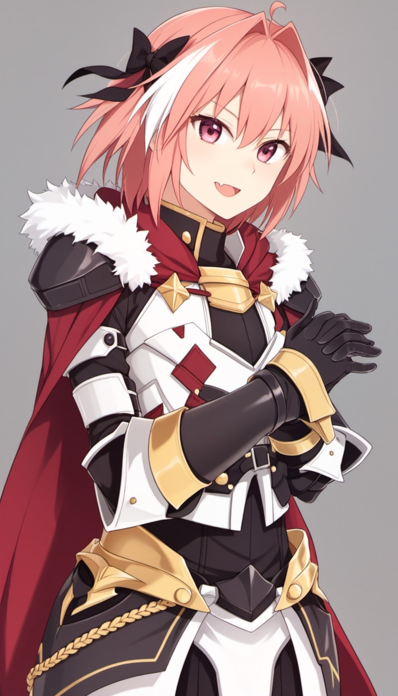 rs,masterpiece,best quality,<lora:astolfov2:1>,solo,grey_background,red_cloak,gorget,commentary_request,1boy,black_bow,oto...