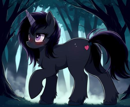 <lora:70_CutePony:0.6>, feral pony, Derpibooru_p_95, (small:1.2), (cute:1.2), tail, fur, hooves, (small body:1.2), (blush:1.1), sad, safe, black skin, (fur:1.2), long black hair, earth pony, standing, grey purple eyes,
from below, dark dead forest background, (vector:0.8) (detailed:0.6), (night:1.1), (foggy:1.1),