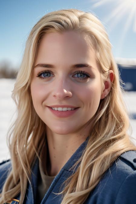 Professional photograph of GA1,<lora:GemmAtkins20byMal:0.9>, 36yo. blonde, she's very fit, she's a soldier wearing a modern military navy uniform, she's standing guard outside a military encampment in a frozen tundra, she's wearing a fancy uniform, snowing, sunrays, ray-tracing, she has long blonde hair combed to the sides, she's smiling brightly, toothy smile facing the viewer, 4k, bokeh, 8k, absurdres, masterpiece, highest quality, award winning shot, ray-tracing