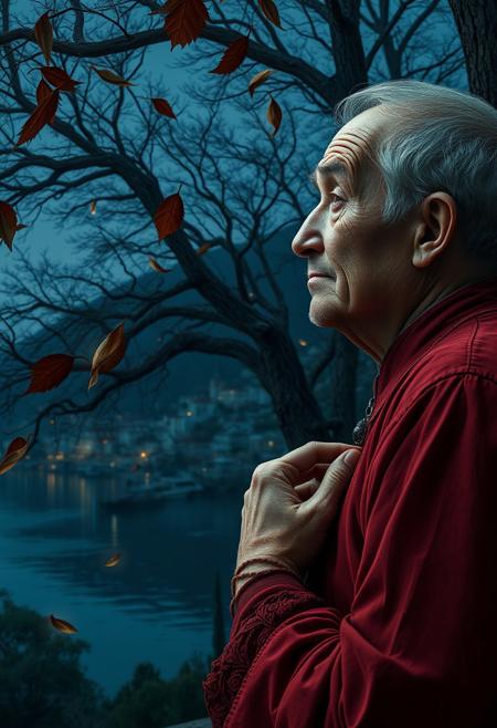 (photorealism:1.5)
1 oldman, full body, thoughtful expression, gazing at the majestic tree, falling leaves,  calm coastal village in the background, night time, pale colors, high contrast, hyper-realistic, serene atmosphere, pensive pose, detailed, high-definition, reflective mood, peaceful setting,
slight freckles, long eyelashes, thick eyebrows, torn pelvic sheer curtain, bridal gauntlets, torn red dress,