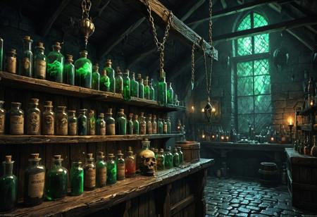 A highly detailed illustration of a mysterious poison bottle displayed prominently on a crowded potion stall. The bottle is dramatically different from the others — it has a sinister, elegant design with jagged glass edges, deep green glowing liquid swirling inside, and a black wax seal dripping down its neck. An ominous symbol (like a skull or serpent) is etched into the glass or dangling from a thin chain. Around it, more mundane potions in various vials and flasks sit in wooden crates or shelves — colorful, bright, and ordinary in comparison. The lighting is moody, with shadows falling over the stall, but a shaft of greenish light subtly highlights the poison bottle, giving it an eerie glow. The environment is a medieval-style apothecary market, with textured cobblestone ground, old cloth canopies overhead, and rough wood beams supporting the stall. Textures are vivid — condensation on glass, rough cork stoppers, worn labels, and aged wood grain. The art style should be dark fantasy realism, reminiscent of game concept art or a scene from The Witcher or Dark Souls. Cinematic contrast, high dynamic range, and painterly brushwork with extreme attention to lighting and materials