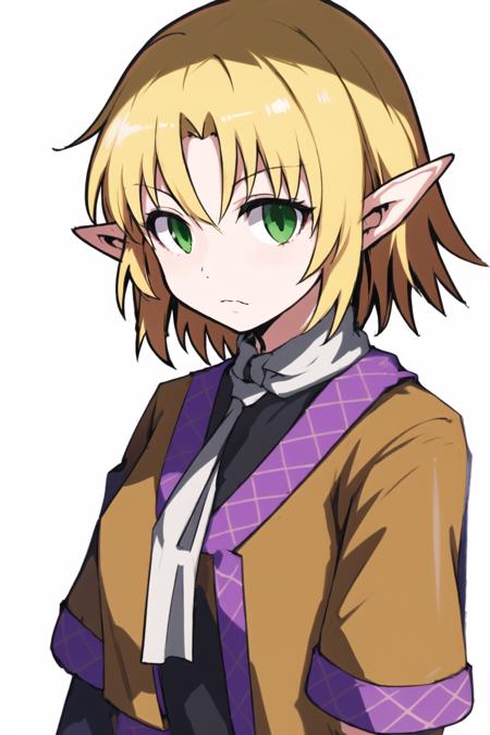 1girl,solo, 
 <lora:JOKER_V10:0.95>,JOKER,blonde hair, blown jacket,intake bungs, green eyes,pointy ears, short hair,expressionless,