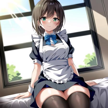 solo, 1 (maid:1.1) (sitting on bed inside detailed bedroom:1.2) with (short brown hair:1.2) and (green eyes:1.1) and (wearing maid apron and black thighhigh:1.3) and (thick thighs:1.2), (sunshine and school buildings through windows:1.3)
{{{masterpiece}}}, {{best quality, super fine illustration}}, ((dense hair)),  ((beautiful eyes)),{very delicate light, perfect and delicate limbs}, {{ fine luminescence ,very fine 8K CG wallpaper}}, ((an extremely delicate and beautiful girl)), dynamic angle, l (staring blankly, lovely big eyes), beautiful detailed eyes, (absurdres, incredibly absurdres, illustration, ultra-detailed),
solo, high quality, CG, wallpaper, anime girl,dense hair, cute face, two legs, detailed hair, (very detailed hair), (beautiful eyes), Na-ga style