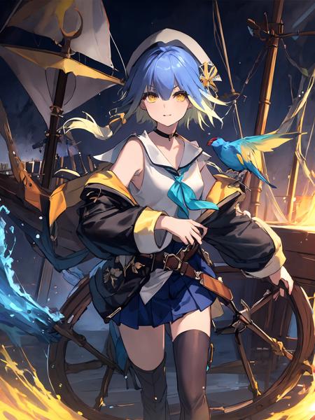 masterpiece,best quality,highres,cinematic lighting,dramatic angle,jail,prison,<lora:ShadowverseBarbarosV1-000030:0.8> ,portrait,wet,sailor collar,bowtie,bare shoulders,white shirt,hat,hair ornament,blue short hair,gardient hair,yellow eyes,belt,pleated skirt,(asymmetrical legwear,single thighhigh:1.1),bird,close-up,straight-on,rain,heavy rain,raindrop,strong wind,wheel,on boat,ship,on ship deck,wooden floor,waves,thunderstorm,aboard ship