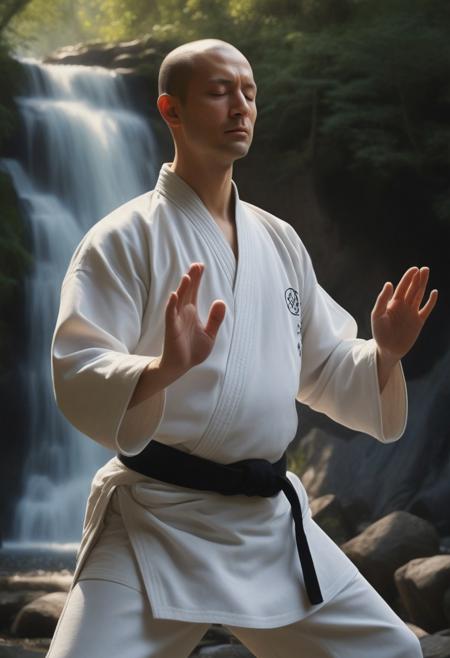 a Caucasian Zen practicing tai chi, eyes closed wearing a judogi, in Yang position, sunny exterior, forest and waterfall background, 16k, masterpiece, highly detailed photo-realistic oil painting by Greg Rutowski, cinematic lighting