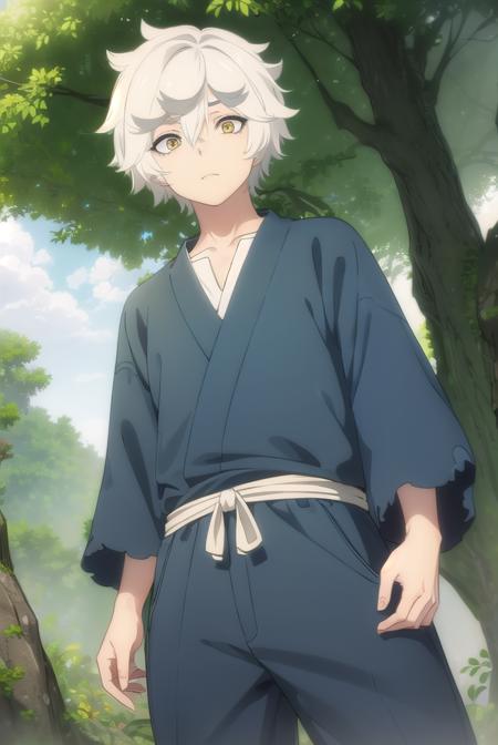 gabimaru, short hair, (yellow eyes:1.3), white hair, male focus, japanese clothes, pants, sandals,