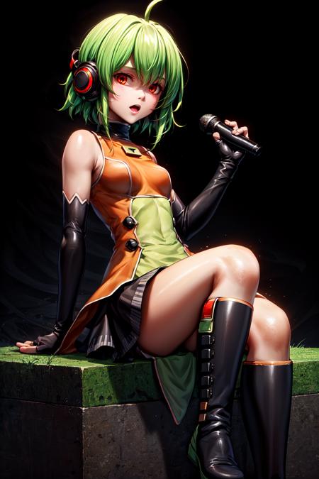 StSFLChan ahoge green hair short hair headphones elbow gloves fingerless gloves knee boots skirt