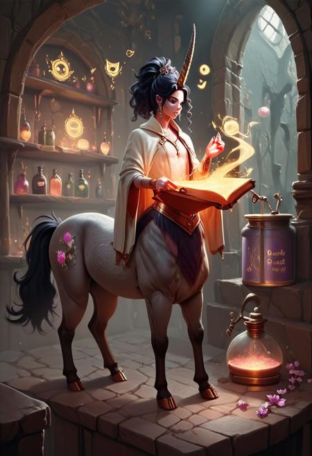 score_9, score_8_up, score_7_up, score_6_up,  <lora:CentaurPDXL:1> centaur, feminine centaur,  The Horned queen, working as alchemist, cauldron, magical symbols, flower ornate, magic, wicca, gems and crystals, elaborate