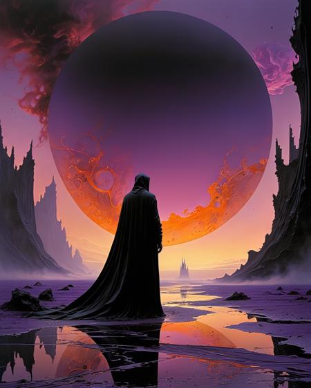 An epic surreal fantasy landscape inspired by Roger Zelazny's The Courts of Chaos â a vast, shifting realm at the edge of reality, filled with fractal skies, swirling mists, floating obsidian monoliths, and twisted paths of light and shadow. A lone, regal figure in a black cloak walks along a shimmering road through dimensions, surrounded by chaos beasts and illusions of time, reality warping in waves. Ethereal fire, dreamlike geometry, and mythic symbolism, rich color palette of purples, golds, and void-blacks, art by Moebius, ZdzisÅaw BeksiÅski, and Michael Whelan, ultra-detailed, cinematic lighting, high fantasy surrealism