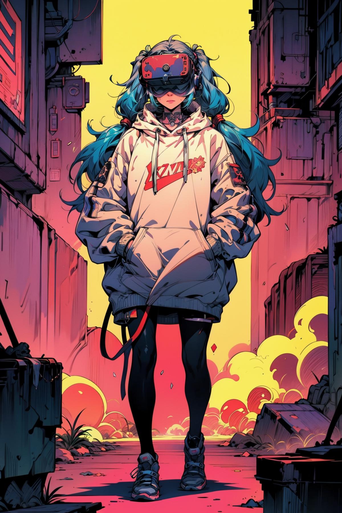 A blue haired anime character in a white hoodie standing in a city alley.