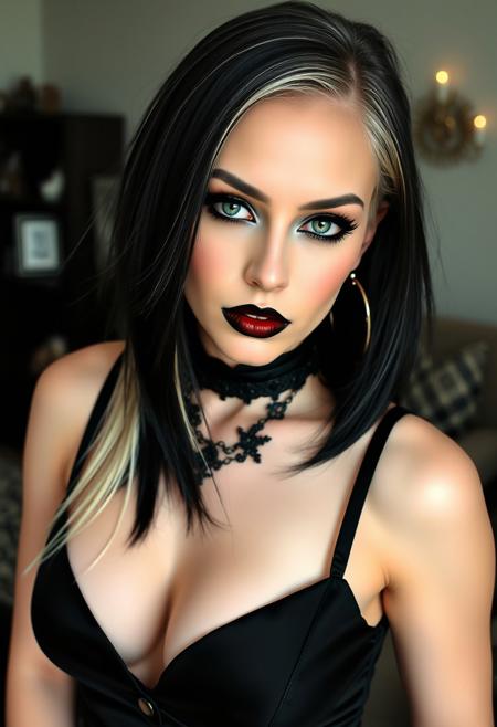 Ultra high quality, very detailed, A gorgeous 30 years old caucasian woman, very pale skin, (black:1.1) hair in long bob, long black eyelashes, black eyeliner defines her beautiful green eyes, black glittering eyeshadow with dark red blend in, luscious black glossy lips with dark red highlights, black rouge, pale skin foundation, black goth choker, black sexy dress with cleavage, sexy curves, looking at viewer sensually and assertively, dominant, seductive, Goth living room