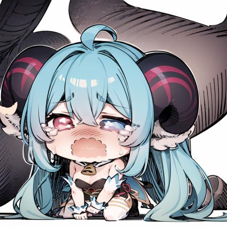 1girl, chibi, blue hair, horns, ganyu, sobbing, (> <:1.2), white background <lora:Sesield:1>