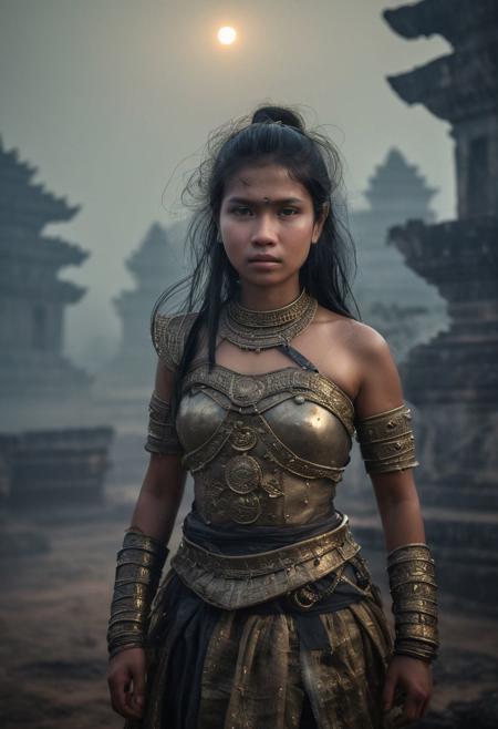 Close Up shot of  Raya from the ancient cambodian  tale as a princess warrior, she IS a very beautiful girl,  black  hair, beautiful, ancient cambodian armour, dirt  clothes, wind, at night, fog, mist, interior of an ancient cambodian temple at the background, National Geographic photography awarded masterpiece